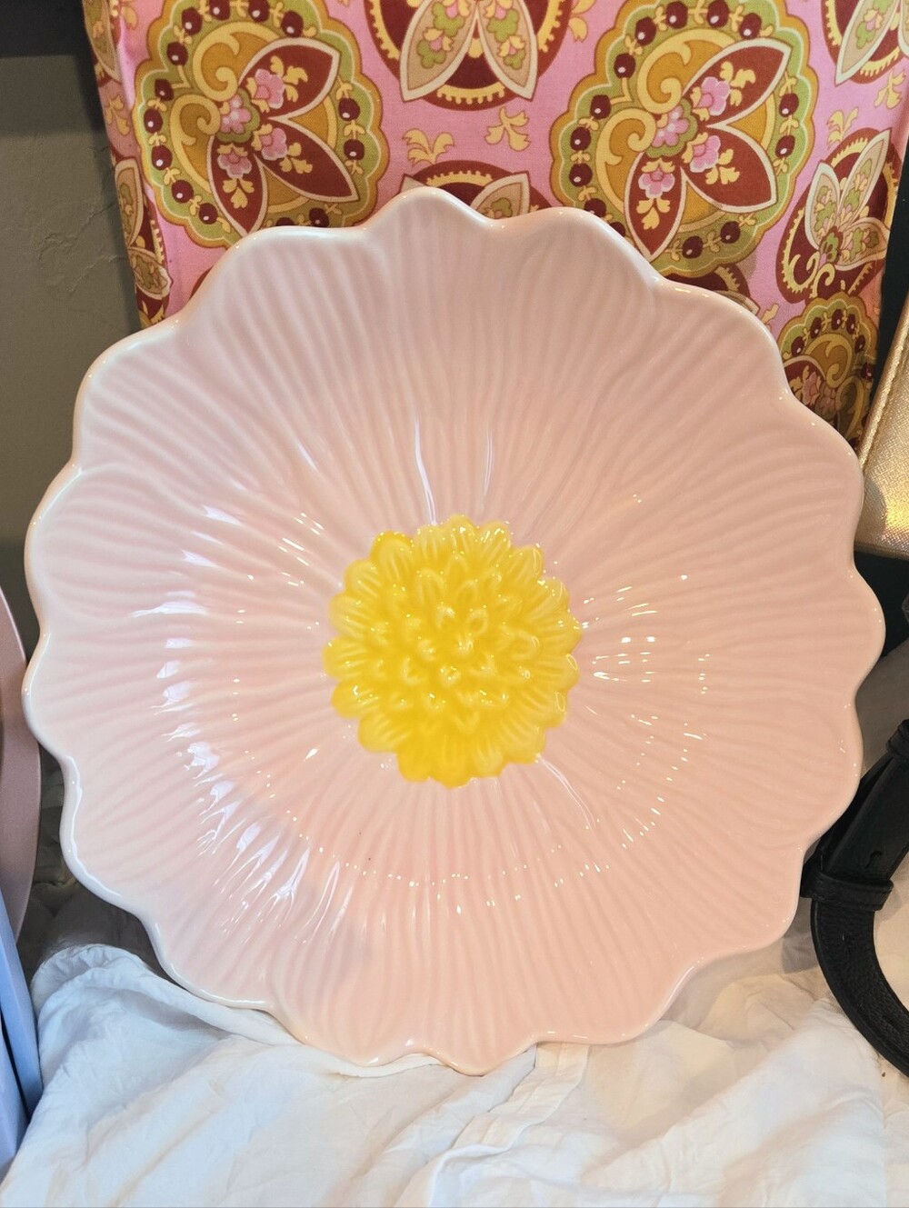 Crofton 11" Pink Yellow Floral Large Serving Bowl Summer Scalloped Edge
